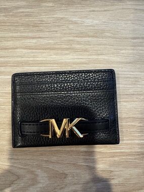 Michael Kors Black Leather Card Holder with Gold MK Emblem
